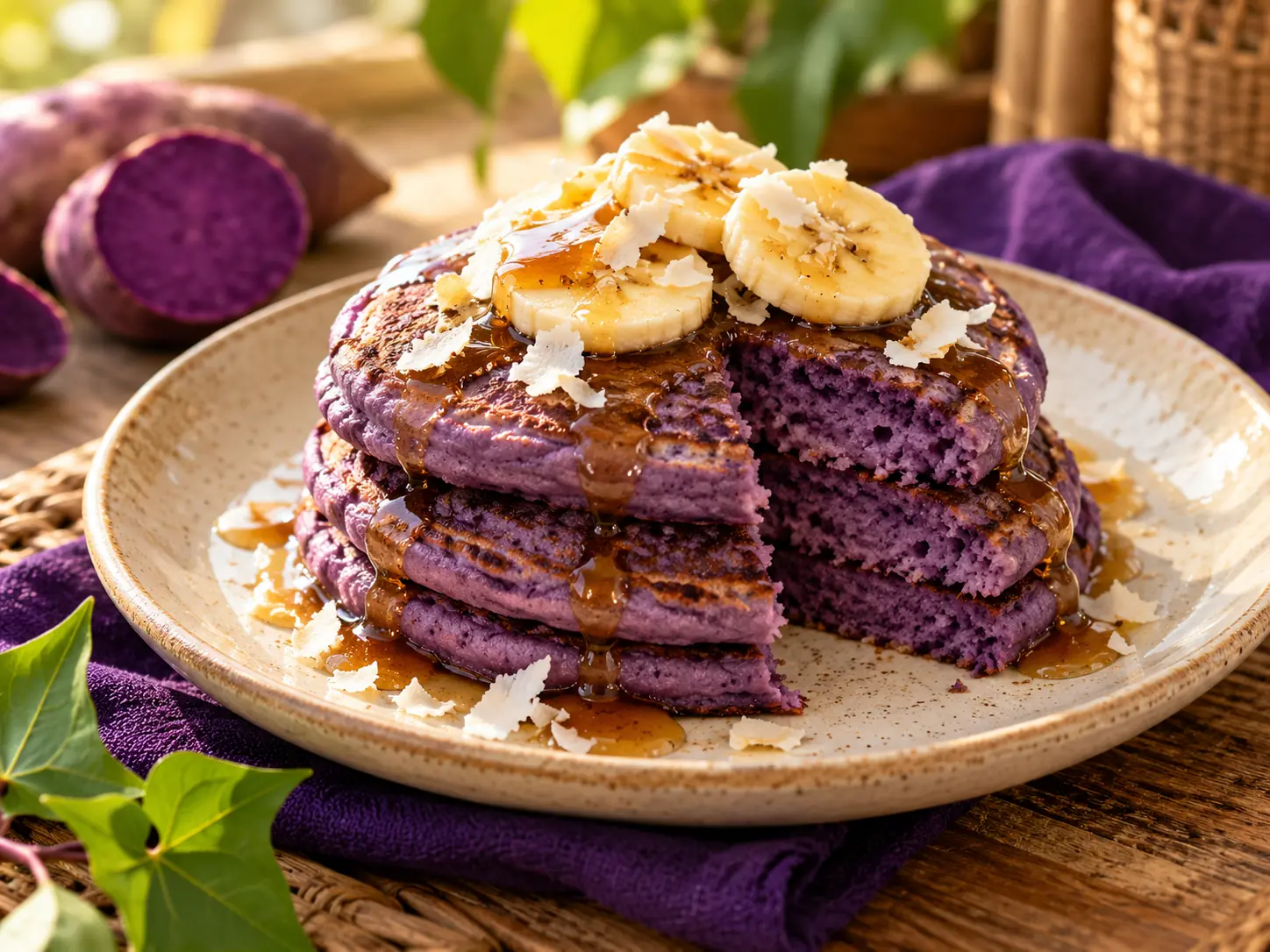 Konsep Purple Pancakes Yubie dengan pisang dan kelapa