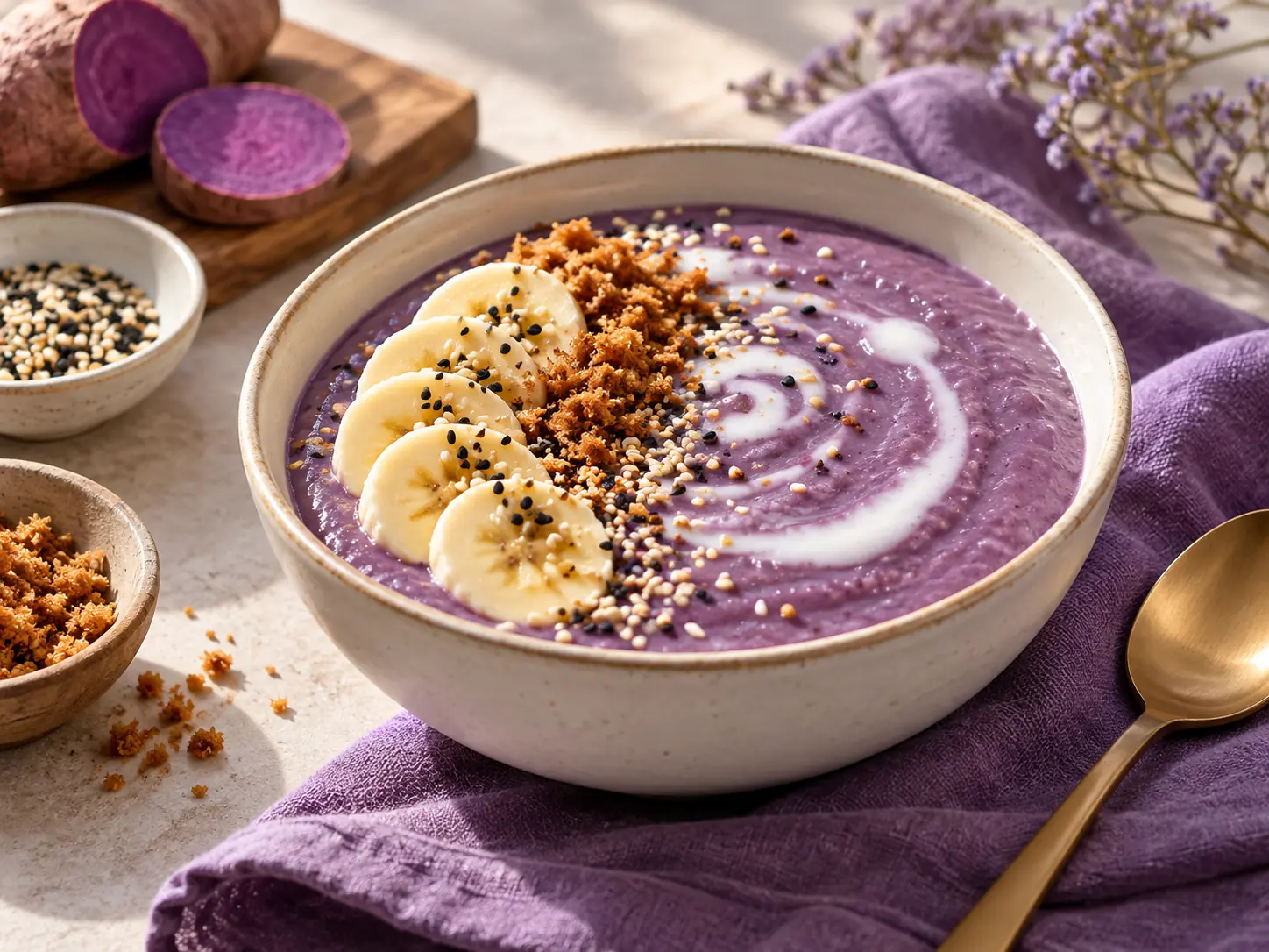 Konsep creamy breakfast bowl ubi ungu Yubie