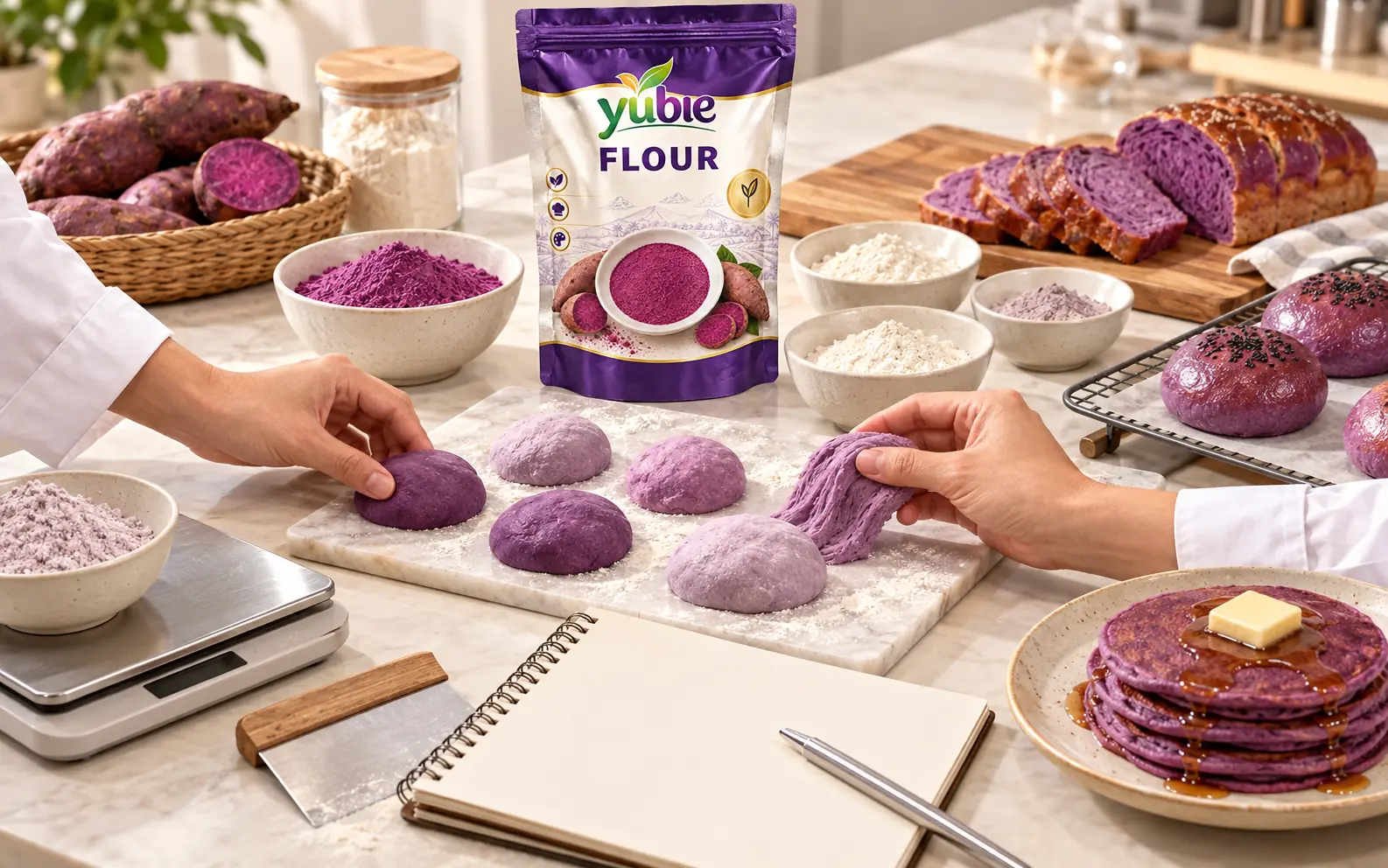 Meja pengembangan produk dengan Yubie Flour, sampel adonan, dan prototipe bakery