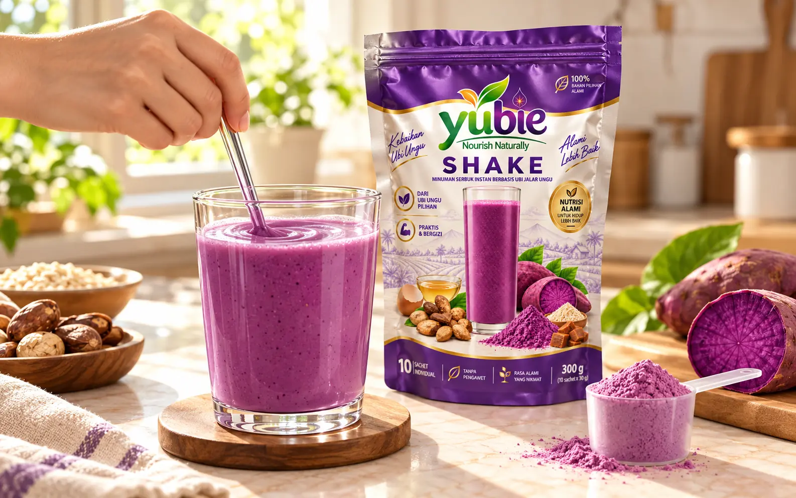 Yubie Shake disajikan sebagai minuman ubi ungu yang sedang diaduk