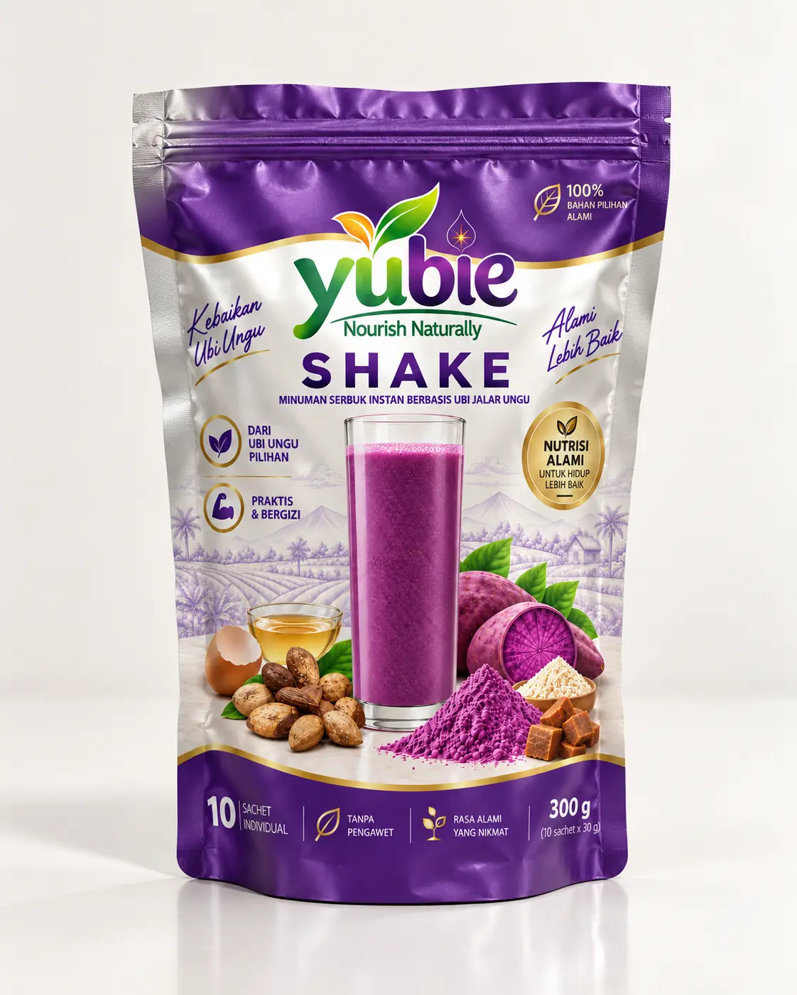 Konsep kemasan Yubie Shake—pouch minuman serbuk instan ubi ungu